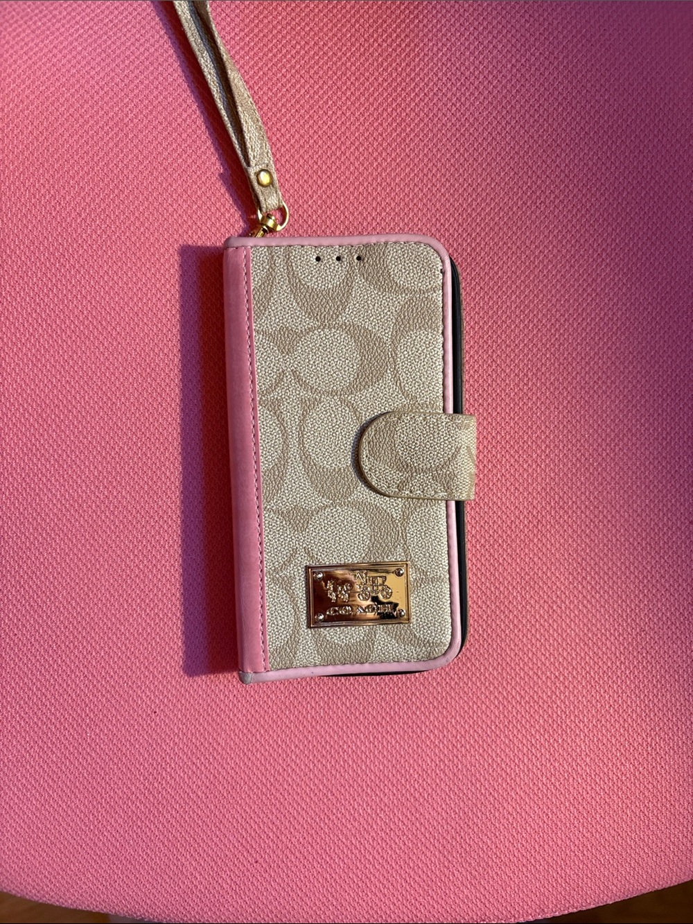 Coach Signature Canvas Phone Wallet Case with Pink Trim and Wristlet